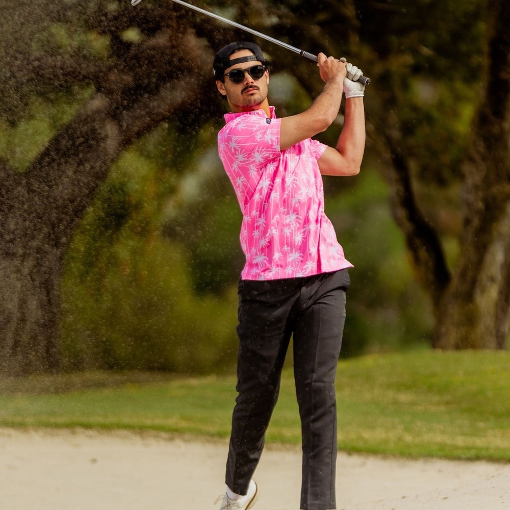 NWT Men’s SUNDAY SWAGGER Stylin pink palm tropical golf polo- Size 2XL - Picture 2 of 8